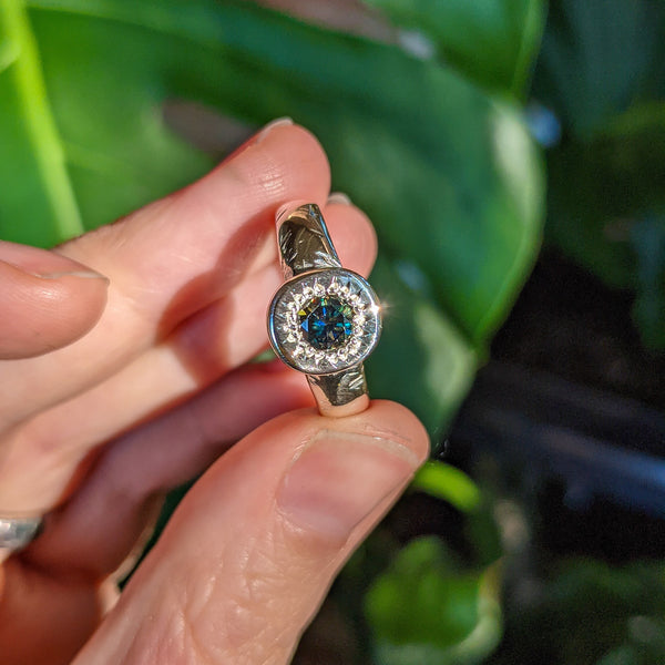 Textured Solitaire Band // Blue Green Moissanite
