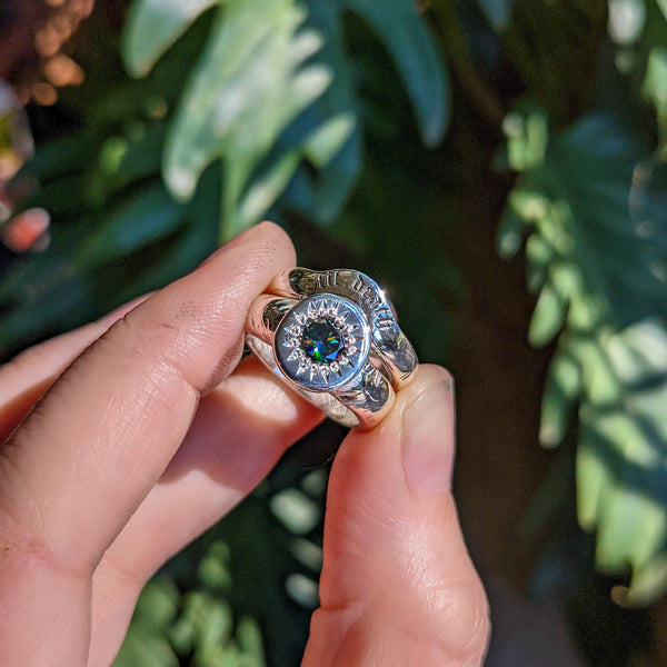 Textured Solitaire Band // Blue Green Moissanite