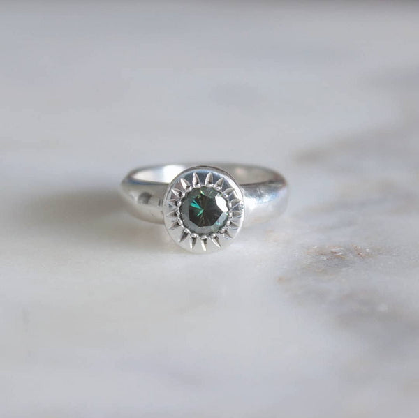 Textured Solitaire Band // Blue Green Moissanite